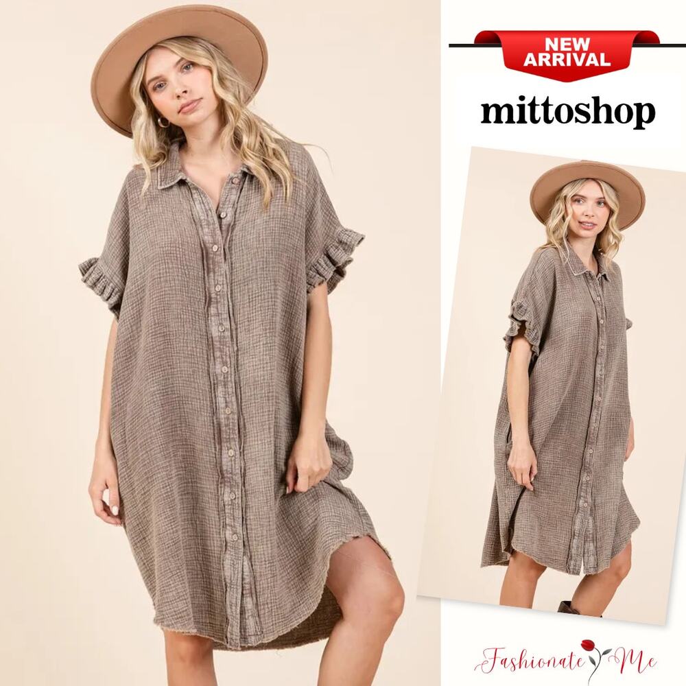 Mittoshop Mineral Washed Buttoned Cotton Gauze Pockets Mini Shirt Dress | Toffee